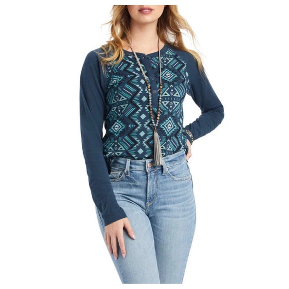 Ariat REAL Classic Fit Long Sleeve Henley Shirt Small Print Top Western New - Picture 1 of 10